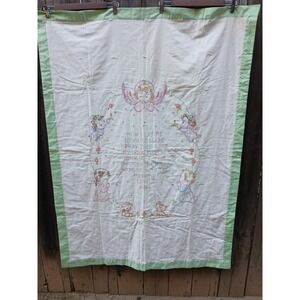 Vtg Embr. Cross Stitch NOW I LAY ME DOWN TO SLEEP Baby Crib Cotton Blanket Large